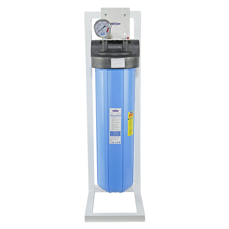 Crystal Quest Big Blue whole house water filter for metal removal, a single blue filter housing with a pressure gauge on a system stand