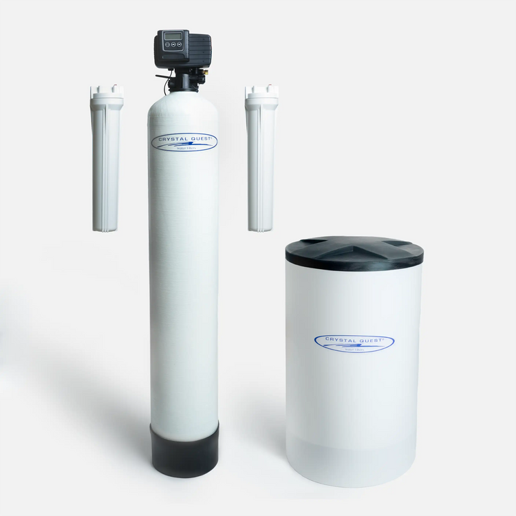 Crystal Quest whole house water softener with a resin tank and control valve, a brine tank and two filter housings