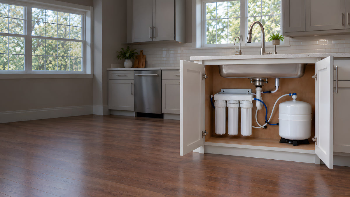 Open kitchen sink cabinet showing an under-sink reverse osmosis system with three filter housings, a storage tank, and a dedicated drinking-water faucet beside the main faucet.